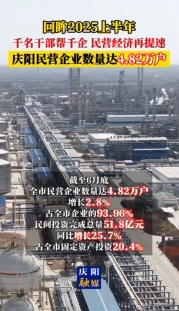 【回眸2025上半年】慶陽市上半年民營企業(yè)數(shù)量達(dá)4.82萬戶、增長2.8%，占全市企業(yè)的93.96%；民間投資完成總量51.8億元、同比增長25.7%，占全市固定資產(chǎn)投資 20.4%