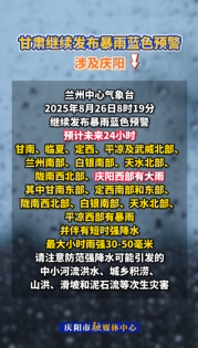 甘肅繼續(xù)發(fā)布暴雨藍(lán)色預(yù)警，涉及慶陽→